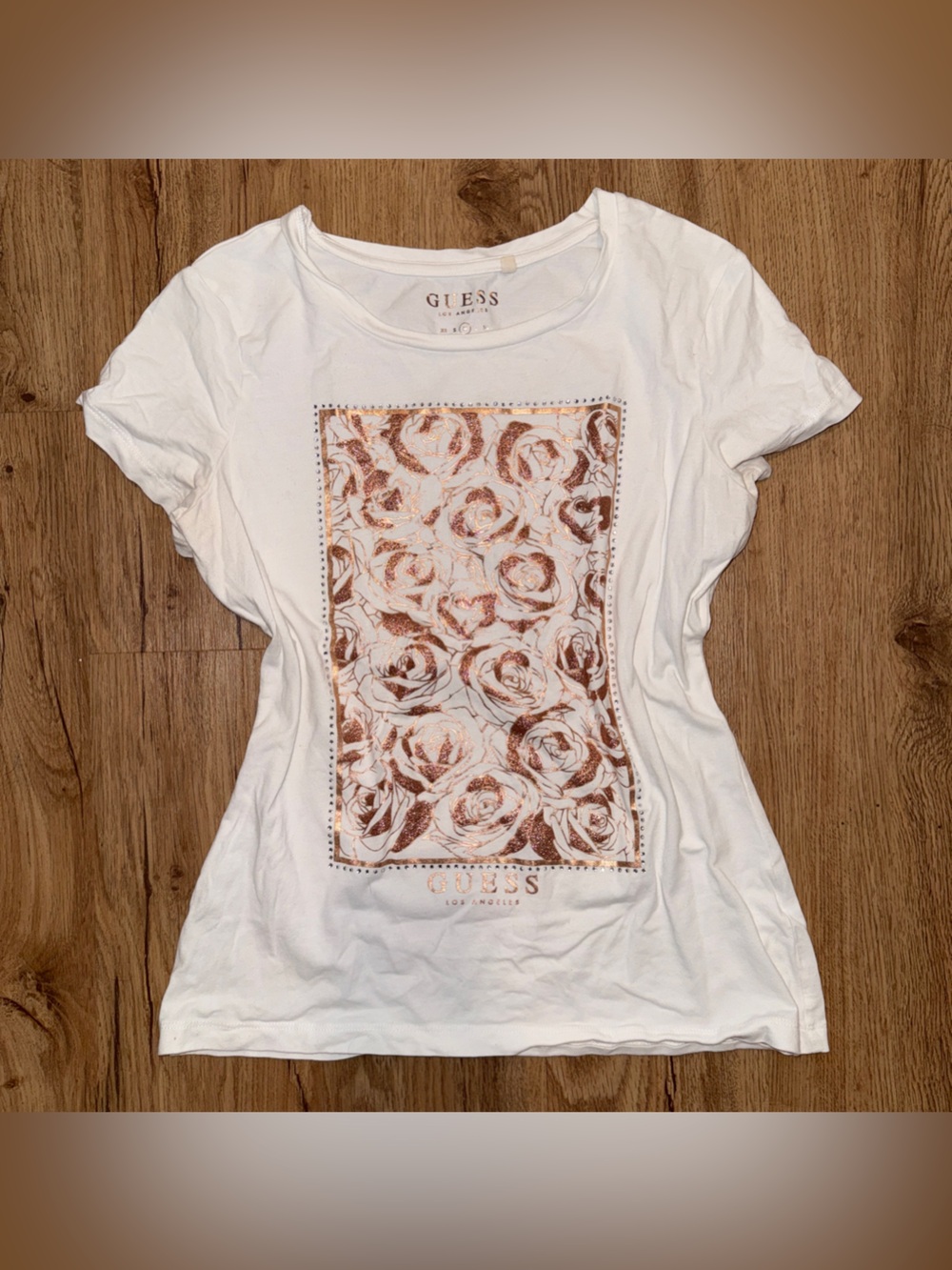 Guess White Tee with Rose-Gold Floral Foil Panel